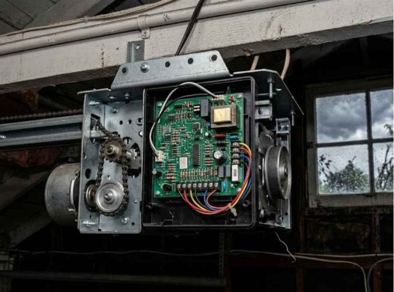 an exposed garage door opener motor and circuit board mounted on a ceiling.