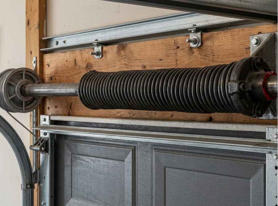 Garage door torsion spring system with shaft and cable drum mounted above door