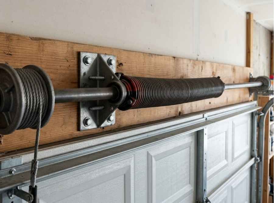Close-up of a residential garage door torsion spring and mounting hardware.
