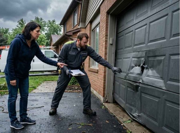 Homeowner and technician inspecting storm damage on a residential garage door under overcast skies.