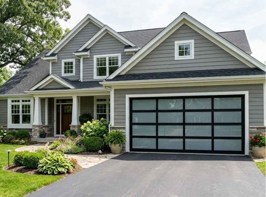 Modern glass panel garage door on a luxury gray suburban home with pristine landscaping