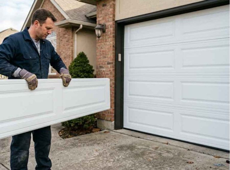 Homeowner holding a white garage door panel next to an installed sectional garage door on a suburban driveway.