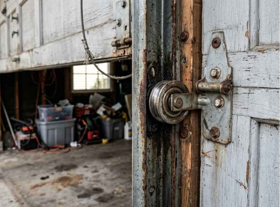 rusty garage door roller and worn vertical metal track